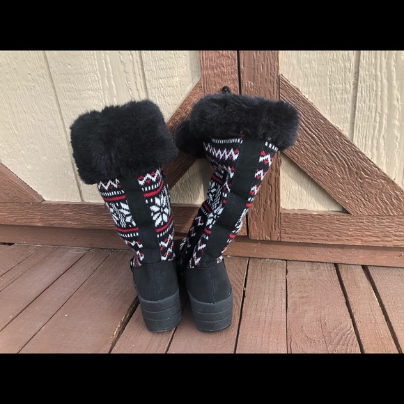 Snowflake Knit Wedge Heel Boots Pom Pom-Fair Isle sweater Faux Fur Winter Boots - Picture 12 of 16